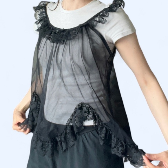 Vintage 90s Kasara Black Nylon Coquette Nightgown Sleepwear Lingerie Top Small - Picture 3 of 10